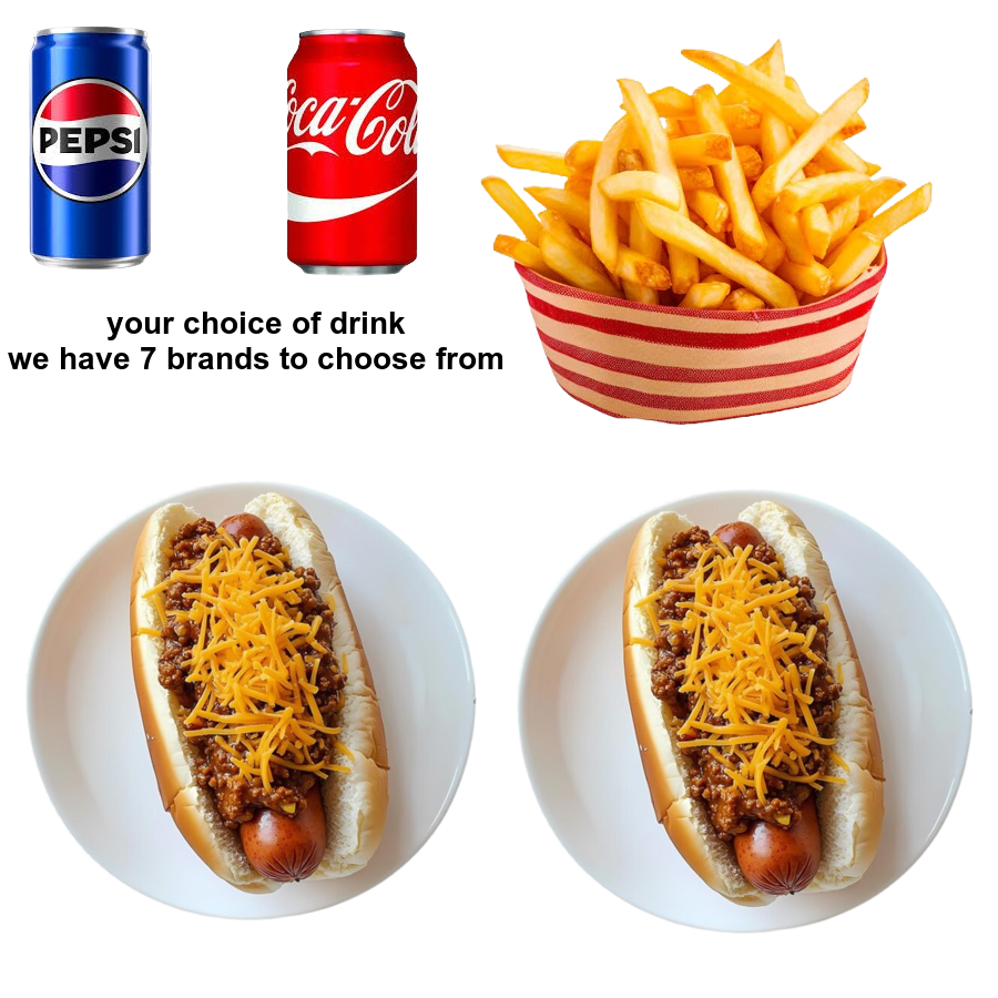 TWO 100% All Beef Coney Dog & Cheese Dinner!!!
